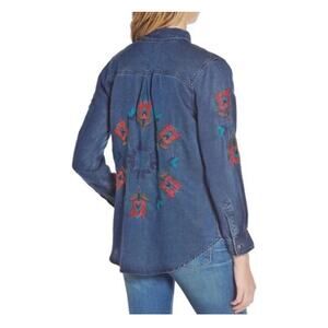 Rails Dark Wash Denim Shirt Floral Embroidered SZ XS